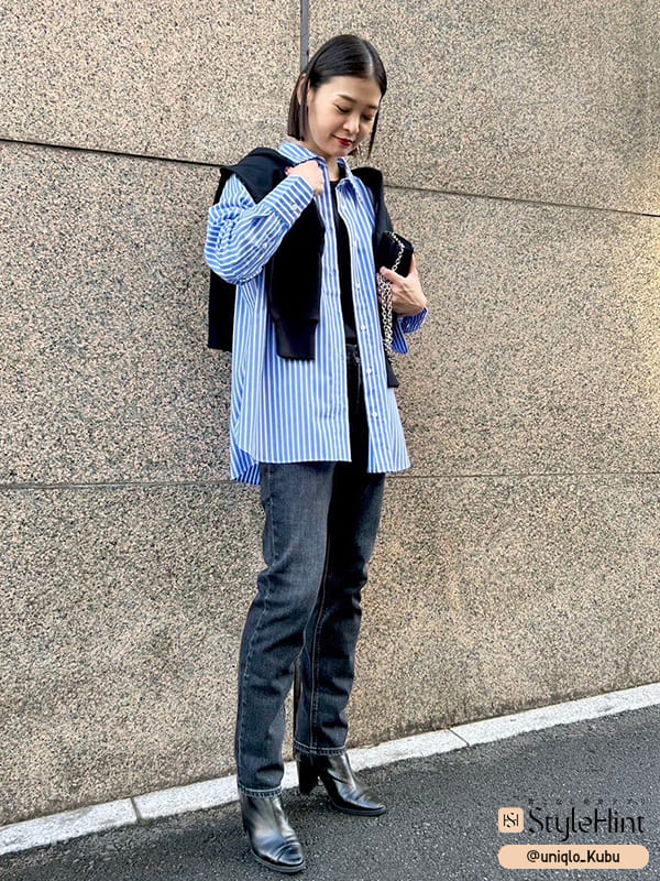 【ユニクロ】ストライプシャツで小顔見せコーデ