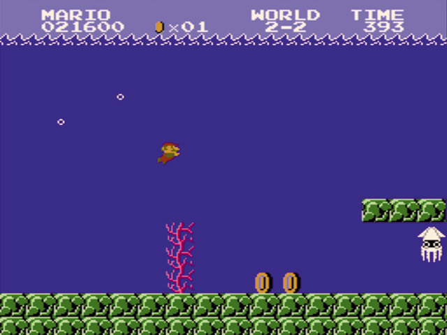 スーパーマリオブラザーズ／水中ステージではマリオは泳いで移動する。ただし、水底の穴に引き込まれると一発でアウトだ。