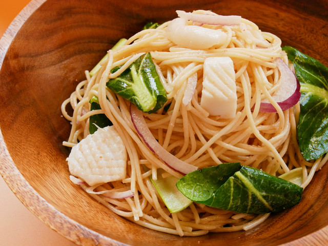 『小松菜とペルーイカの明太子パスタ』