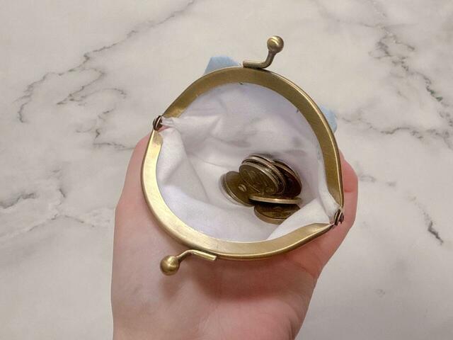 コインを入れるとこんな感じ。紙幣は3つ折にしても入らないため、コインケースとして使うのがおすすめ！