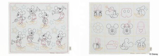 【左：刺し子＜ミッキーマウス＞】材料セット価格：1,815円（税込）　完成サイズ：約32×37cm【右：刺し子＜ミッキー&フレンズ＞】材料セット価格：2,365円（税込）　完成サイズ：約32×37cm