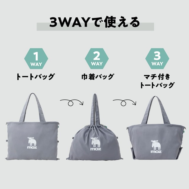 【『moz 折りたためて変形できる！3WAYエコトートバッグ＆ウォールステッカーBOOK GRAY ver.』】3WAYで使える高機能なエコトートバッグ