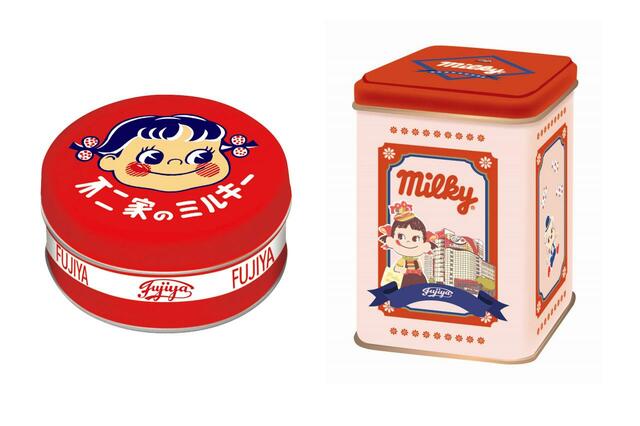 「＜写真左＞「ミルキー缶（ホーロー看板デザイン）」＜写真右＞「ミルキー缶（銀座ペコちゃんデザイン）」＜税込680円＞【「西洋菓子舗 不二家 5周年祭」開催】
