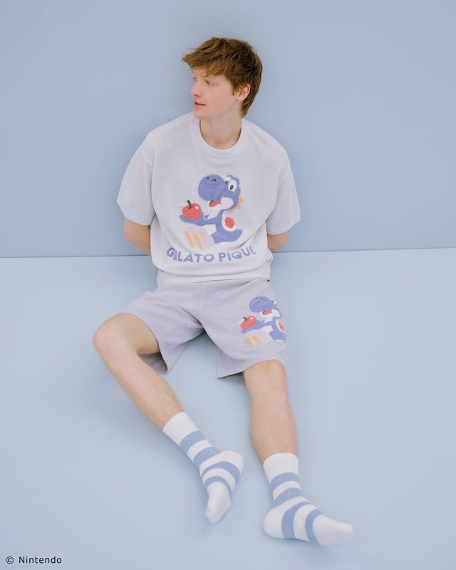【スーパーマリオ】【メンズ】キノピオ＆ヨッシージャガードプルオーバーハーフパンツセット ネイビー　￥17,820／ブルーのキノピオデザインも展開◎