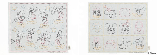 【左：刺し子＜ミッキーマウス＞】材料セット価格：1,815円（税込）　完成サイズ：約32×37cm【右：刺し子＜ミッキー&フレンズ＞】材料セット価格：2,365円（税込）　完成サイズ：約32×37cm