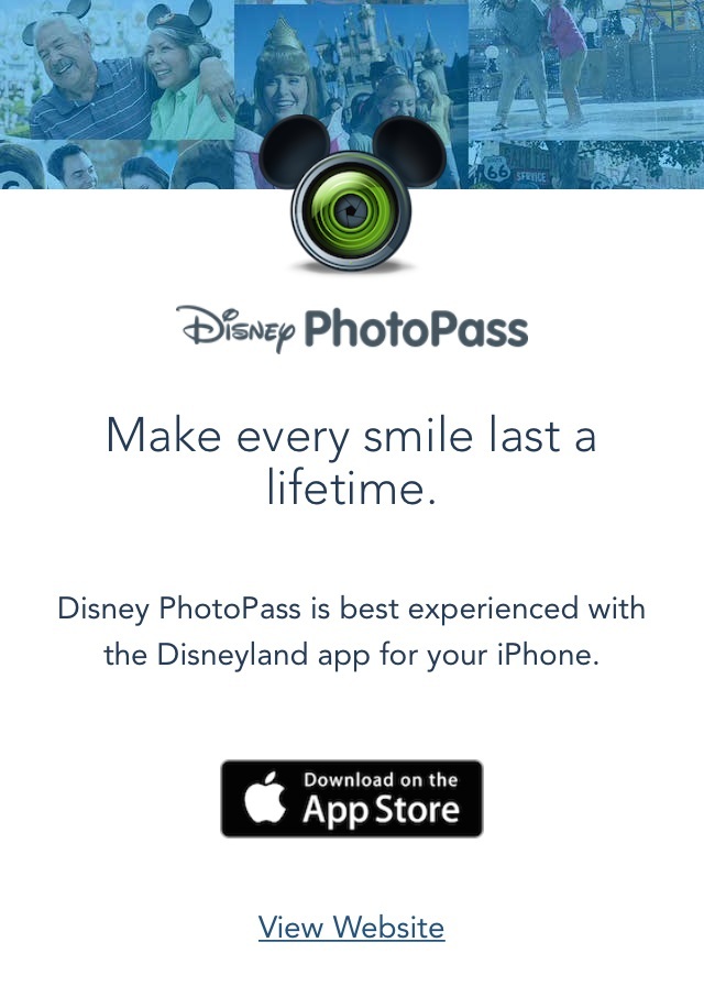 ディズニーランドをタップすると出てくる画面。アプリをインストールしなくてもフォトパスは利用できるので、下の「View Website」をタップする。