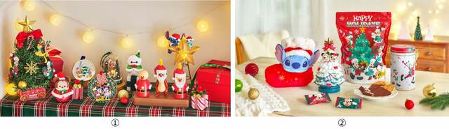 「DISNEY CHRISTMAS 2026」①ツリー・オーナメントほか ②ワッフルクッキー・クランチチョコレートほか © Disney