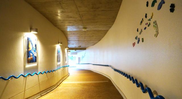 さかなやオオサンショウウオのタイルがかわいい廊下