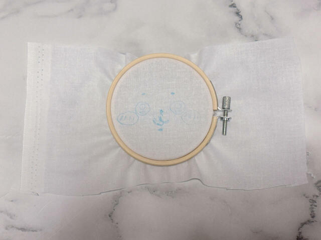 布を木枠にはめて、お顔の刺繍をスタート！