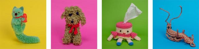 左から順に《あみぐるみ》作者不詳、《毛糸犬》後藤知恵子、《ロールちゃん人形》新居光子、《ロープ海老》作者不詳 いずれも撮影:都築響一