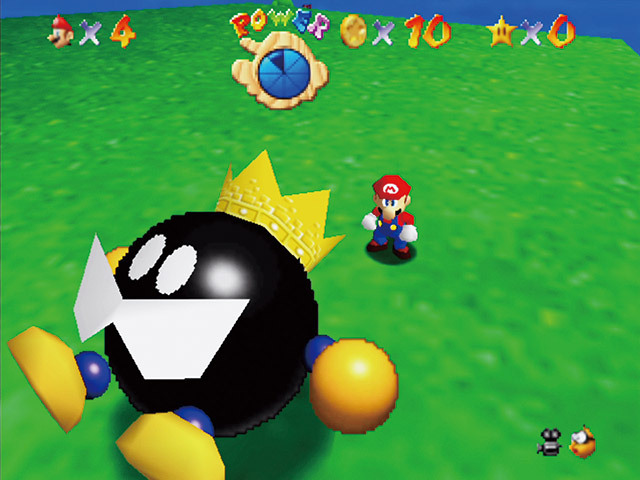 スーパーマリオ64／最初のステージで戦うことになる「ボムキング」をはじめ、個性豊かなボスキャラクターが多数登場。どのようにして倒すか頭を悩ます場面も。