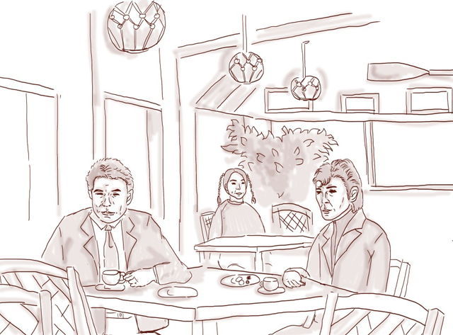 事件解決後、ひと息入れる大下刑事と鷹山刑事（ドラマ再現イラスト：ナリタノゾミ）