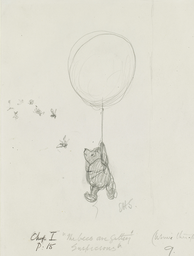 「ハチのやつ、なにか、うたぐってるようですよ」、『クマのプーさん』第1章、E.H.シェパード、鉛筆画、1926年、V&A所蔵