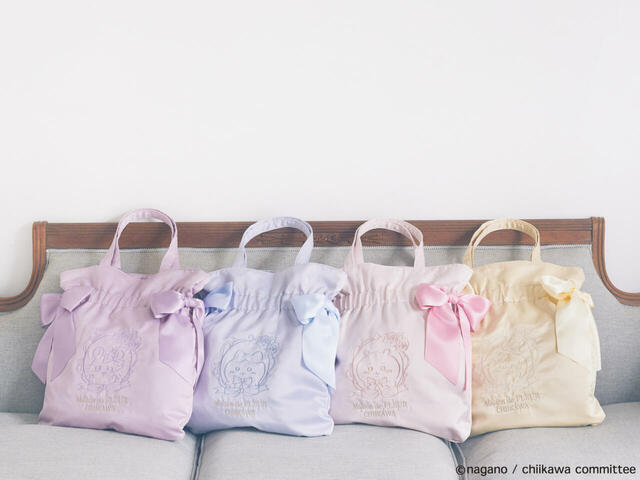  刺繍ダブルリボントートバッグ  価格：\6,900  カラー：Pink（ちいかわ）/ Sax （ハチワレ）/Yellow（うさぎ）/Lavender（モモンガ）