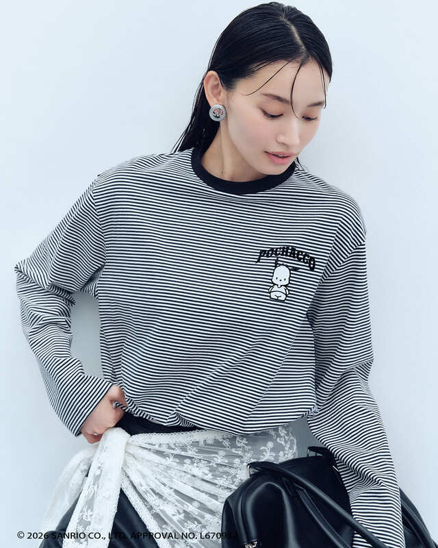 【ポチャッコ×ミラ オーウェン】「裾ドロストボーダーロングTシャツ」7,920円/カラー:BLK