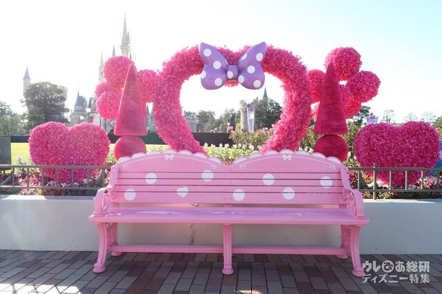 プラザのフォトロケ ベンチもピンクの水玉