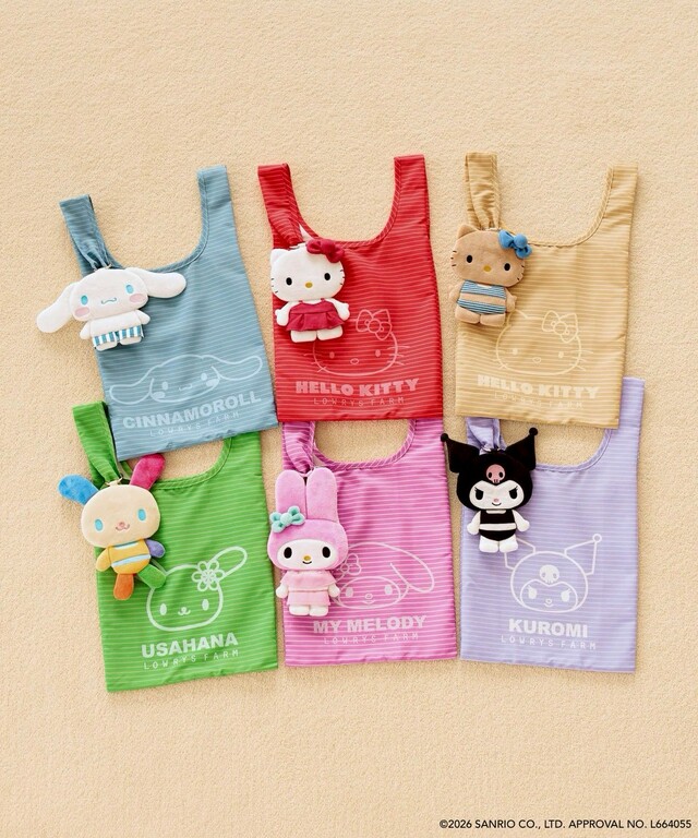 【LOWRYS FARM×サンリオキャラクターズ】ポーチ付きエコBAG／各3,490 円（税込）カラー展開:ハローキティ、ハローキティ日焼け、シナモロール、マイメロディ、クロミ、ウサハナ