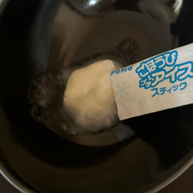 【ペティオごほうびプチアイスバニラ風味スティックタイプ】袋を軽くもむと、とろとろ食感になります