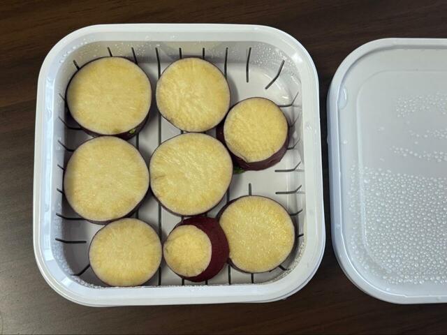 【tower 温まりやすい立つ冷凍ごはん容器】さつまいもは輪切りにし、水を少し垂らしてから600Wで4分加熱してみます⇒