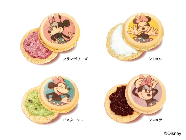 【ダロワイヨ】ピンクデザインのマカロンにはフランボワーズクリーム、イエローはレモンクリーム、ブルーはピスターシュクリーム、パープルにはショコラガナッシュをサンド