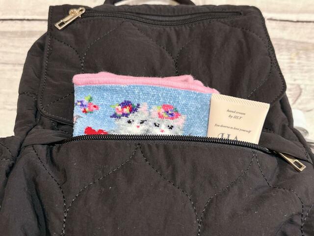 フロント下部のファスナーポケットにはミニタオルやハンドクリームをイン