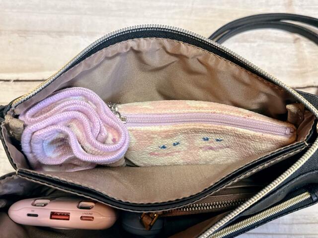 やや厚みがあるコスメポーチやミニタオルも収納可能！