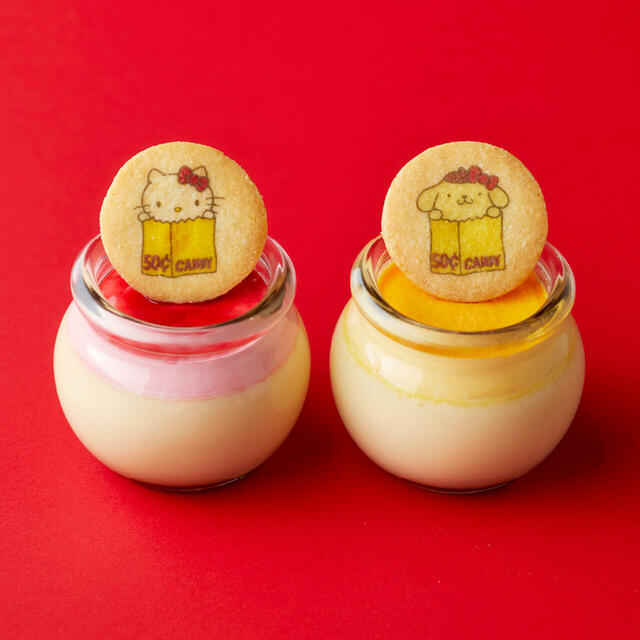 ハローキティ とろけるプリン（ラズベリー風味）扇子1本付き、ポムポムプリン とろけるプリン（マンゴー風味）扇子1本付き　各￥1,000