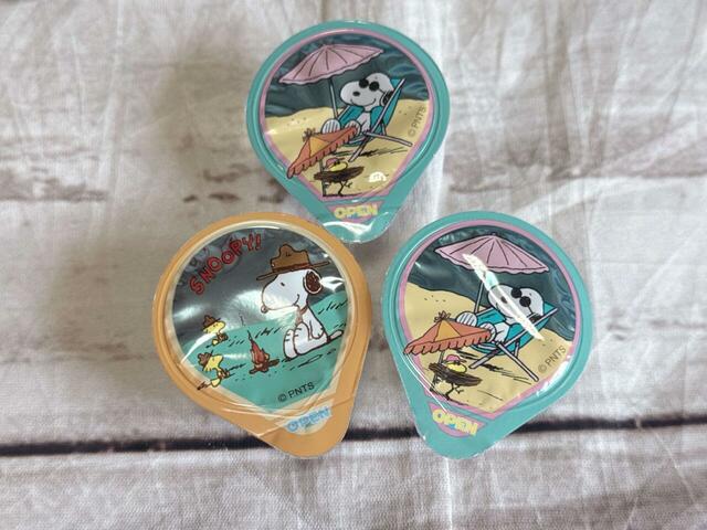 蓋にレジャーを楽しむスヌーピーのイラスト付きのゼリー