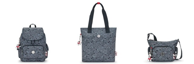 【Kipling×PEANUTS】（左から）シティパックエス 22,770円（税込）／メリタエス 17,930円（税込）／ギャビーミニ 17,930円（税込）【カラー名はすべてドギーデニムプリント】