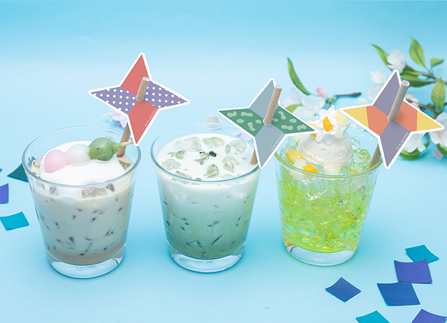 しんべヱのお団子きなこラテ、乱太郎のお抹茶ミルク、きり丸のきんぴかレモンソーダ