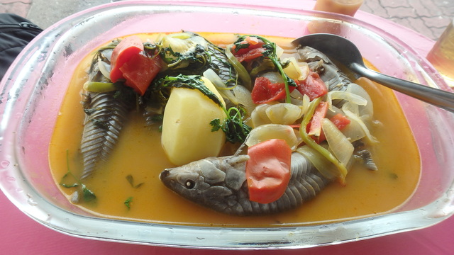 タイのあら汁のような、インパクトの強い旨味があるというヨロイナマズのスープ