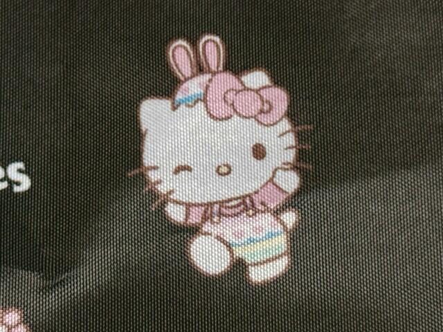 うさ耳付きのイースターハットをかぶり、イースターエッグをモチーフにした装いのキティちゃん。かわいすぎる〜！