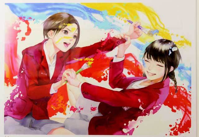 『「制服至上・制服至上2―台湾女子高生制服選―」出版記念 蚩尤 個展』 　　絵筆を持ったまま友達とはしゃぐ女の子たち。とても楽しそうで、仲の良い様子が伝わってくる。