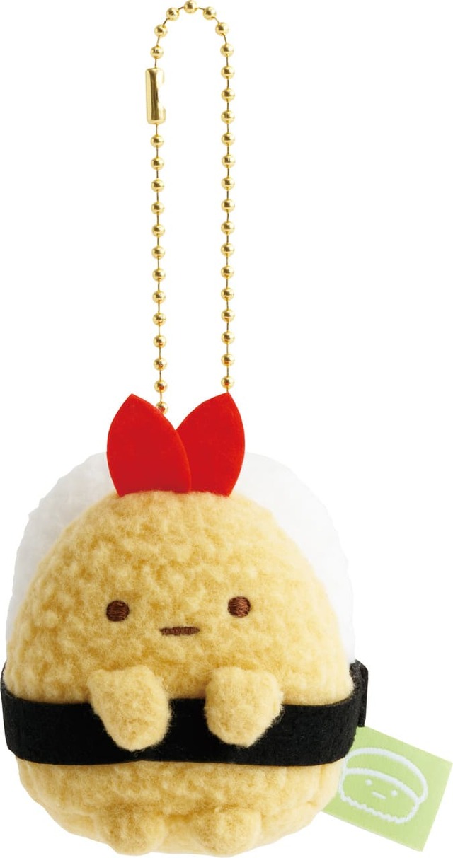 【すみっコぐらし&リラックマ「いつでもおすし雑貨」】「おすしぶらさげぬいぐるみ」1,760円/わさびカラーの織りネームもポイントです