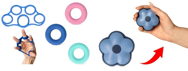 【フライングタイガー】（左）フィンガーエクササイザー 110円（中）ハンドグリップ 各275円（右）ハンドグリップ（フラワー） 330円