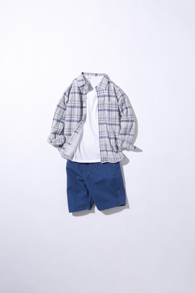 BOYS ダブルガーゼチェックシャツ／コットンインナーU ネック／イージーショートパンツ