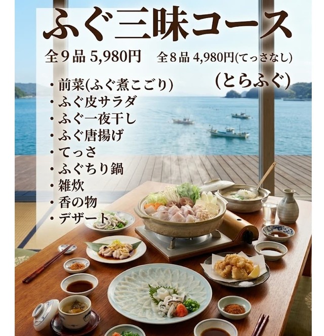 「​​​ふぐ三昧コース」＜価格：4,980円（税込）〜＞【話題の「漁港食堂 三方」が、多摩センター駅にオープン！ランチは本マグロを含む豪華刺身が60分間食べ放題！ハイボール・レモンサワーは税込198円！】