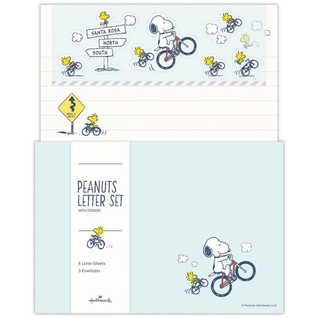 【Peanuts™のステーショナリーコレクション】「レターセット」￥616／自転車を楽しんでいるブルー