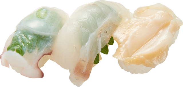 北海道の幸せ運ぶ三貫盛り（北海道産水たこ・北海道産ひらめ・北海道産大つぶ貝）