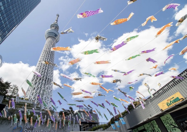 スカイツリータウンのあっちこっちに鯉のぼりが掲げられている