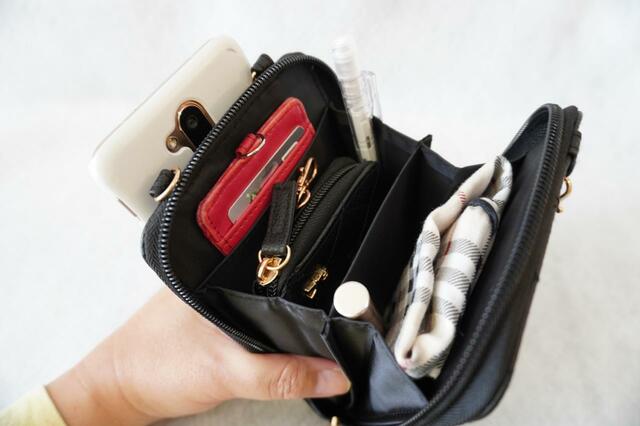 必要最低限のものを入れたスマホショルダーの中【Roberta di Camerino（ロベルタ ディ カメリーノ）ミニ財布付きスマホショルダーバッグ】