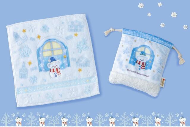 ミニタオル 1,100円、きんちゃく 1,300円|東京ディズニーシー「ダッフィー&フレンズのアワ・リトル・スノーフレンズ」グッズ|販売店舗:東京ディズニーシー「マクダックス・デパートメントストア」|発売日:2026年11月2日(月)