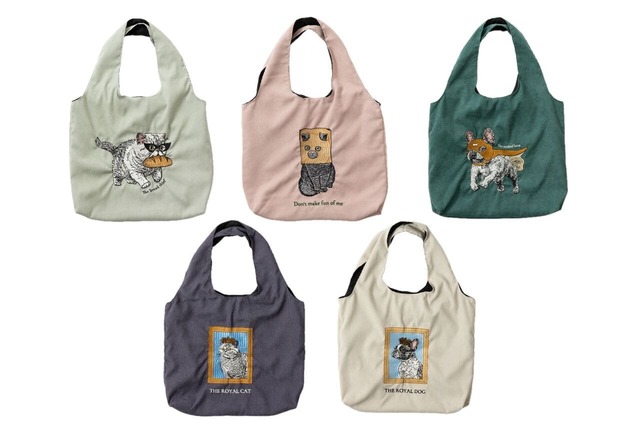 「猫犬デザイン刺繍 コーデュロイ トートバッグ」各￥2,970（税込み） サイズ : ヨコ 約 40 ×タテ 60cm（ハンドル含む）