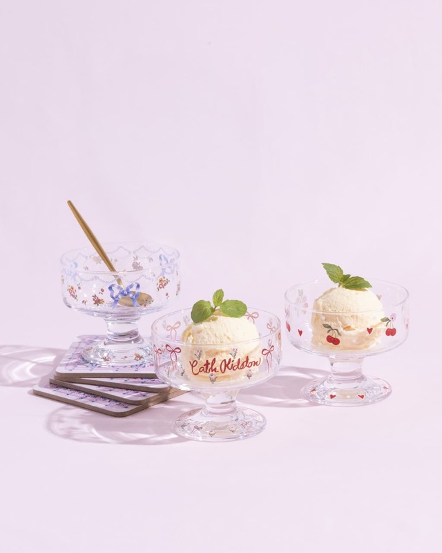 【キャス キッドソン】デザートグラス Bows & Rose / Rose Miniature / Floating Cherry 各￥4,180　口径96mm×H80mm 240mL／レトロで懐かしさのあるデザートグラス