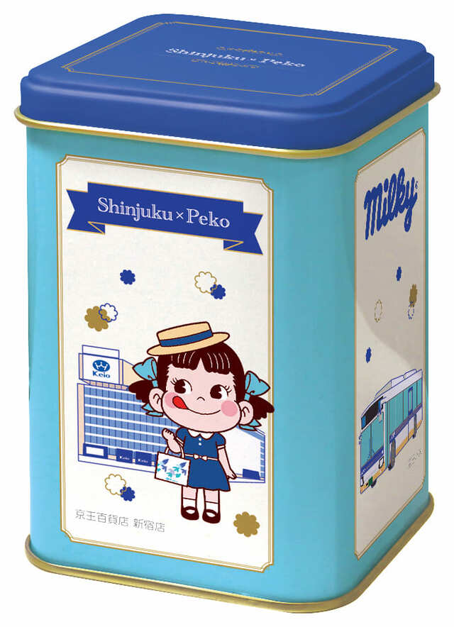 【ペコちゃんの学校】「ペコちゃん×新宿 ミルキー缶（角）」 660円