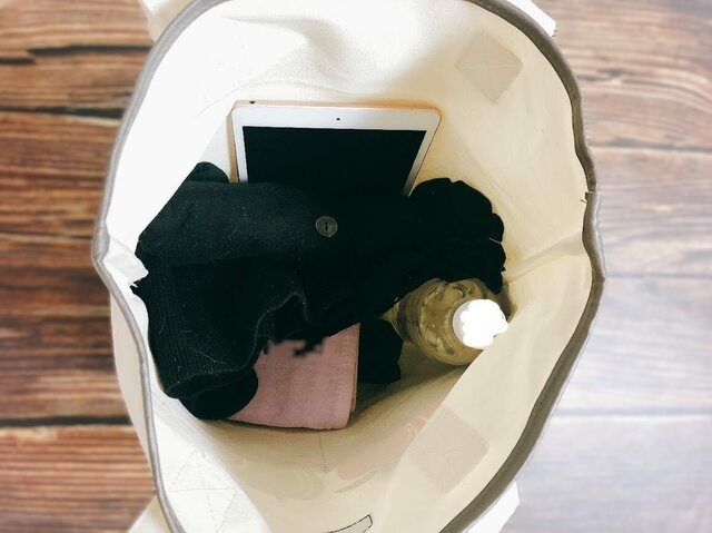 【カルディ りんごバッグ】タブレットやペットボトル、折りたたみ傘なども余裕で入る容量です