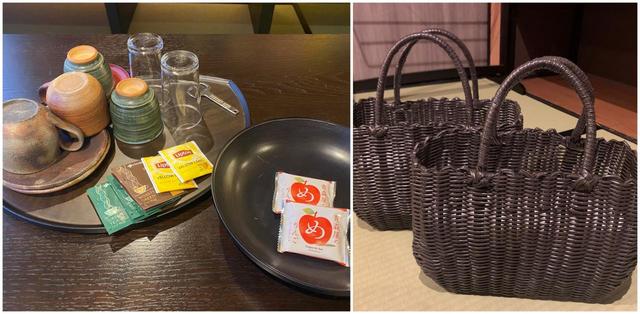 【星野リゾート　青森屋】お茶菓子と館内用のかごバッグ