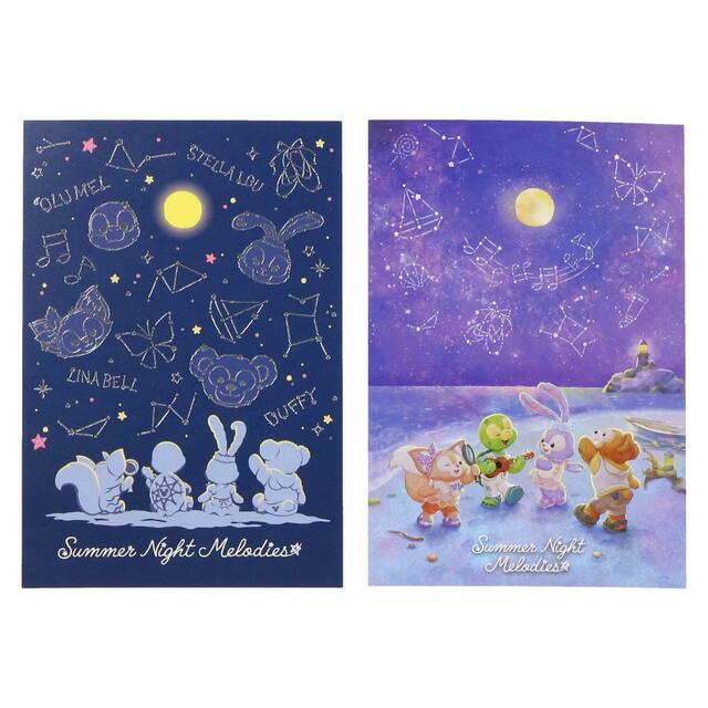ポストカードセット 750円|サイズ:(ポストカード)縦約15×横約10cm、2枚セット、シール:(シート大)縦約13.5×横約11.2cm(シート小)縦約5.2×横約11.2cm|「ダッフィー&フレンズのサマーナイト・メロディー」スペシャルグッズ|東京ディズニーリゾート40周年“ドリームゴーラウンド”|発売日:2023年7月3日(月)|販売店舗:東京ディズニーシー「マクダックス・デパートメントストア」