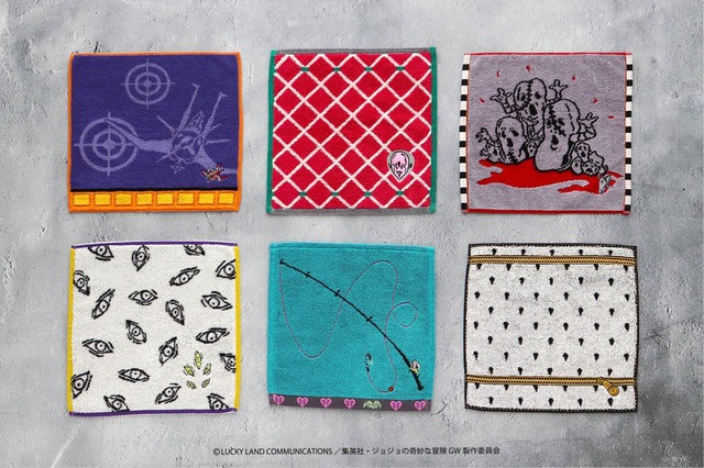 【ジョジョの奇妙な冒険 黄金の風】「タオルハンカチ」（サイズ：約25×25cm）各￥1,100／『エアロスミス』『キング・クリムゾン』『メタリカ』『ザ・グレイトフル・デッド』『ビーチ・ボーイ』『ブローノ・ブチャラティ』の6柄を展開