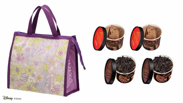 【ゴディバ】「120ml カップアイスクリーム4個 + ＜ラプンツェル＞ 保冷バッグセット」2,700円／『塔の上のラプンツェル』をモチーフにデザインした保冷バッグ